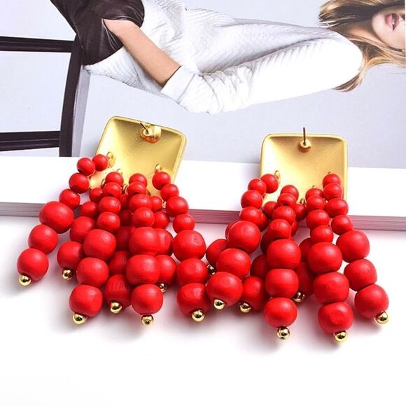 New Wooden, Exaggerated Red Earrings Oversize Beaded Earrings - Picture 2 of 4